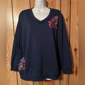 Blair Women's Pullover Sweater Navy Long Sleeve Casual Floral Size L V-Neck